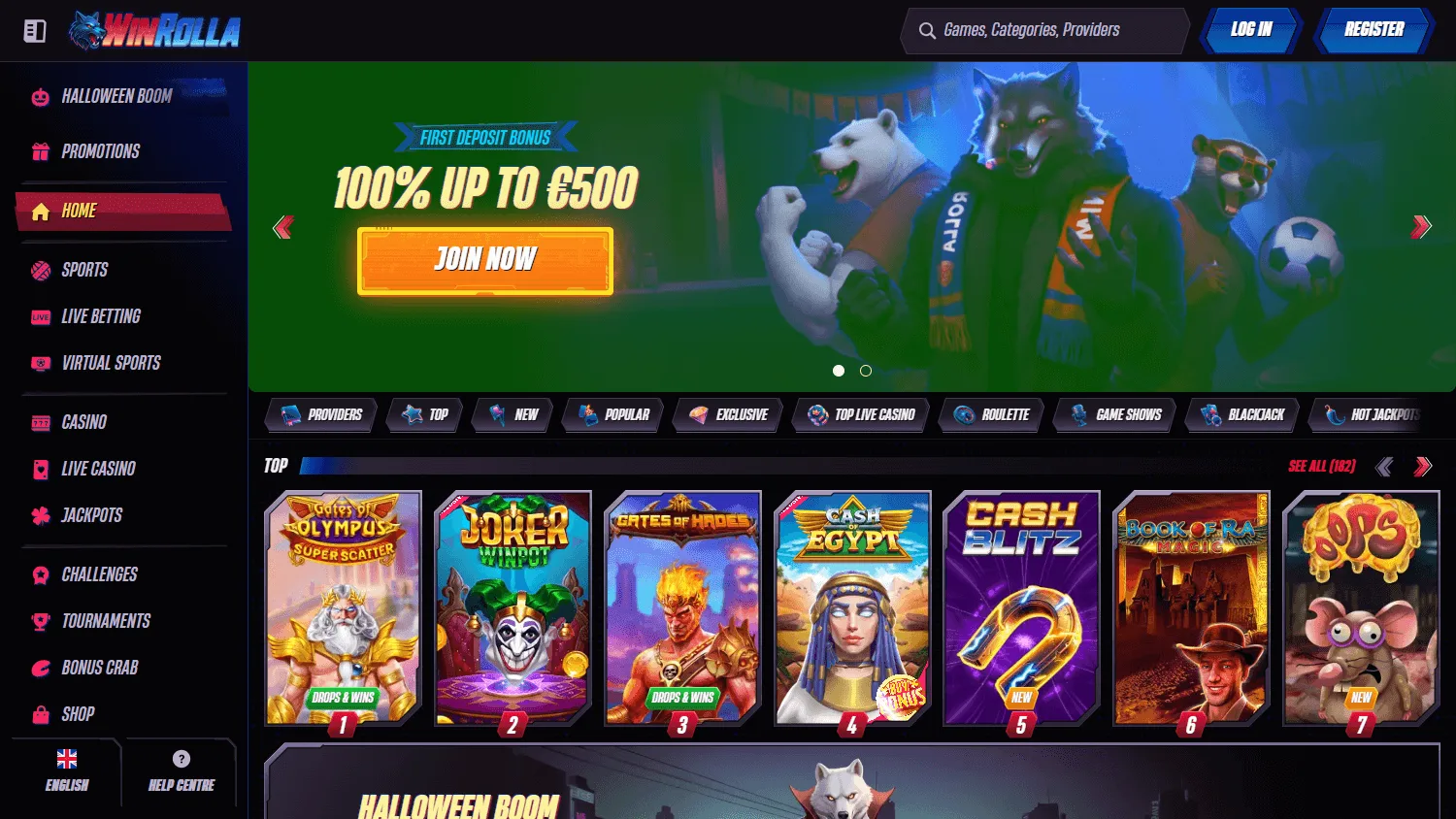Winrolla Casino desktop home experience with casino and sportsbook access
