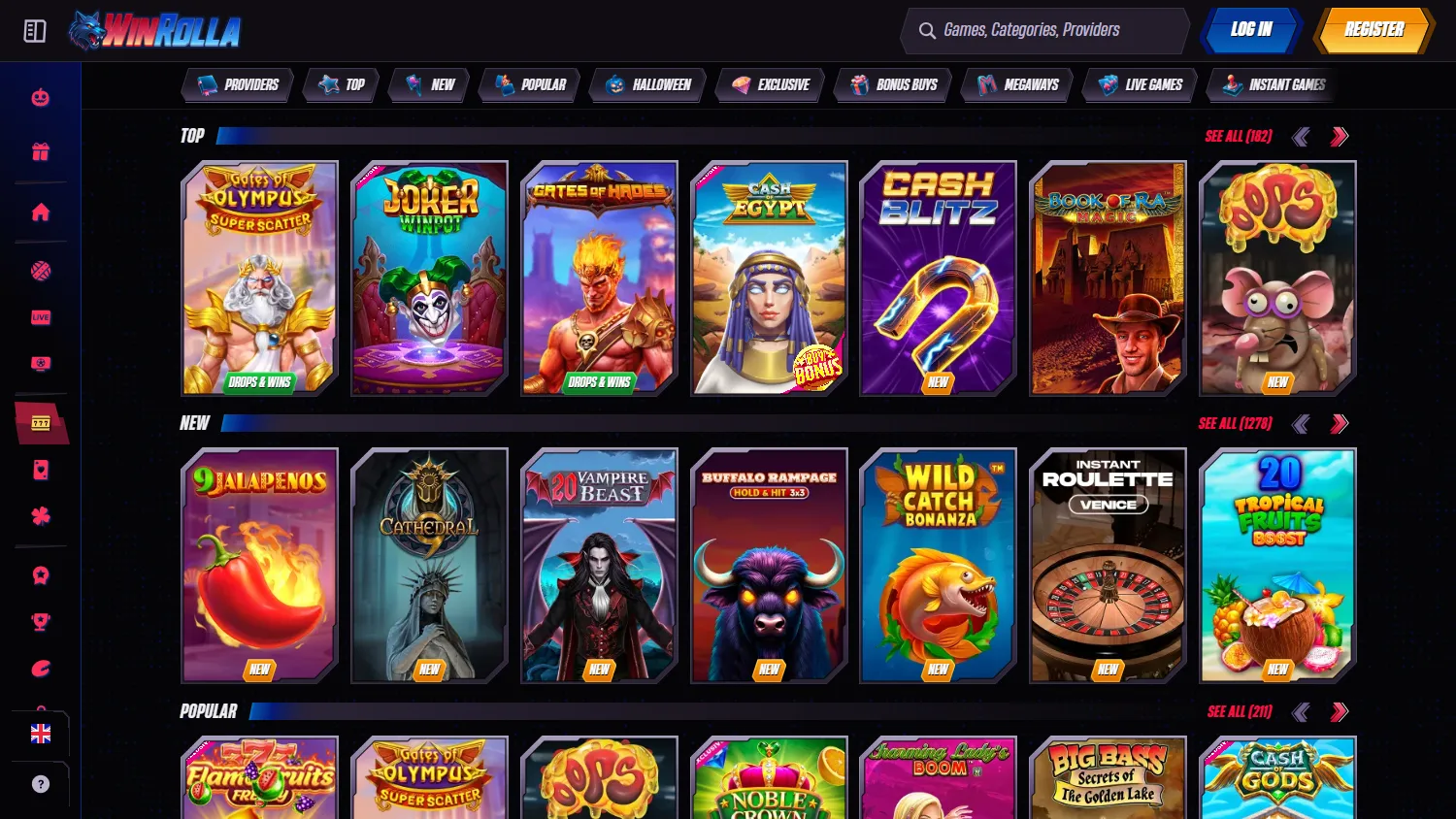 Winrolla Casino desktop game catalogue with casino titles