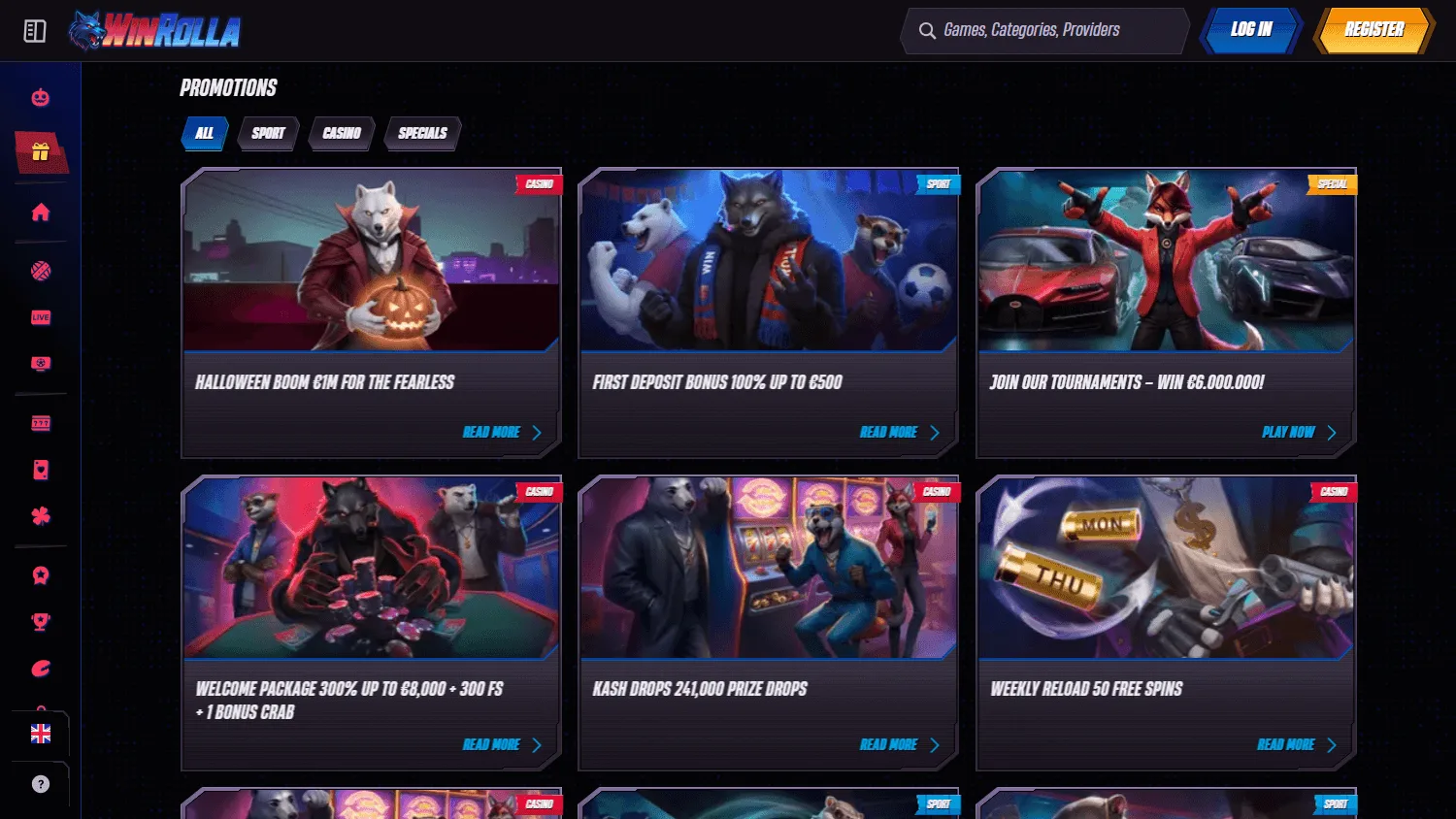 Winrolla Casino desktop promotions area with available rewards