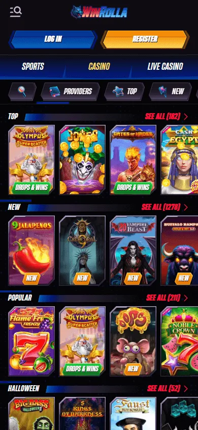 Winrolla Casino mobile browser game catalogue