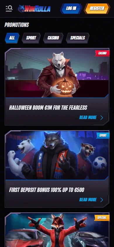 Winrolla Casino mobile browser promotions area